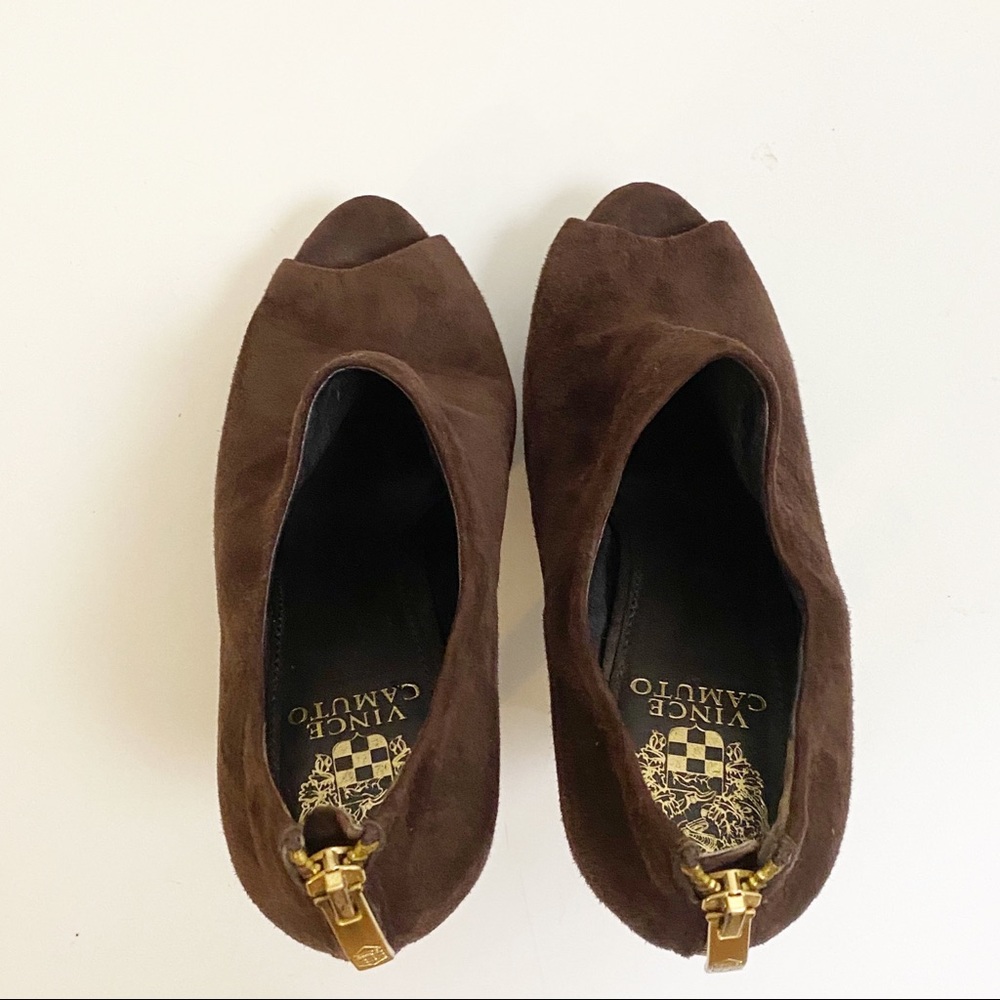 Vince Camuto Mac Brown Suede Peep Toe Bootie Heels - Picture 9 of 13